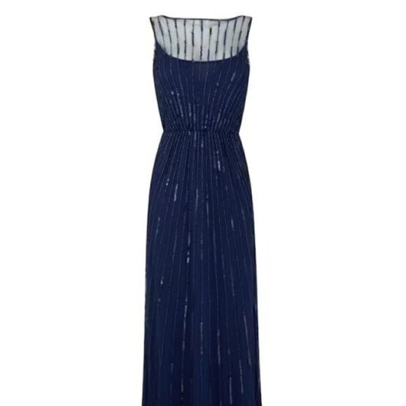 Aidan Mattox High Neck Navy Beadded Floor Length Dress - Dress for Wedding Guest - Picture 1 of 9